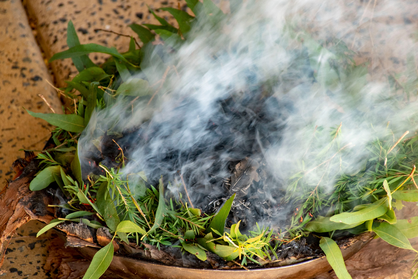 Flames and smoke from bark vessel and leaves used in traditional Australian Aboriginal smoking ceremony.